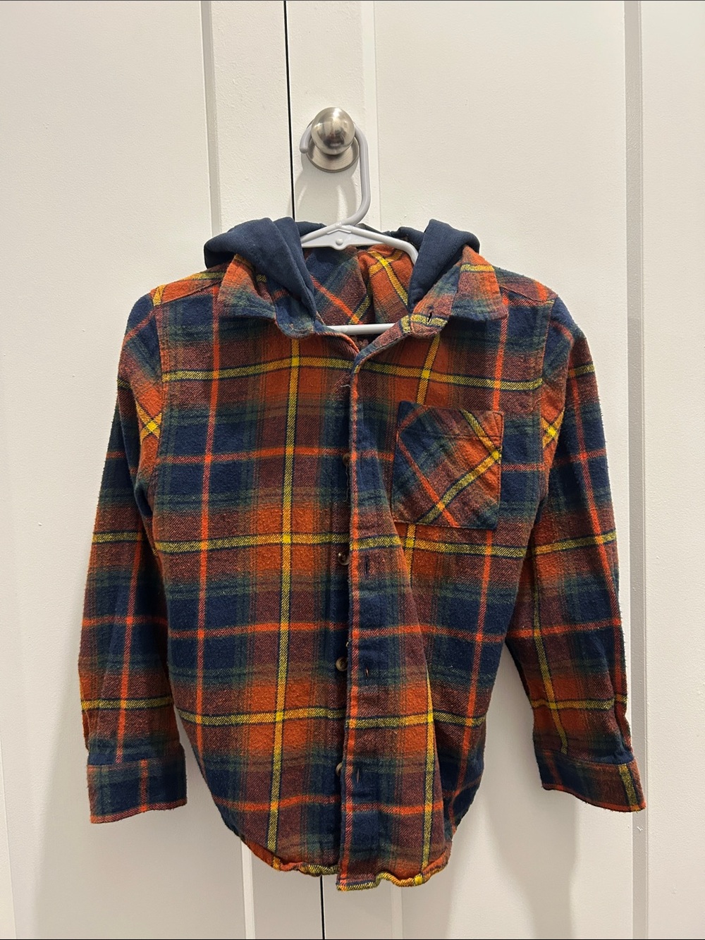Primark Orange & Navy Plaid Hooded Button-Down Shirt